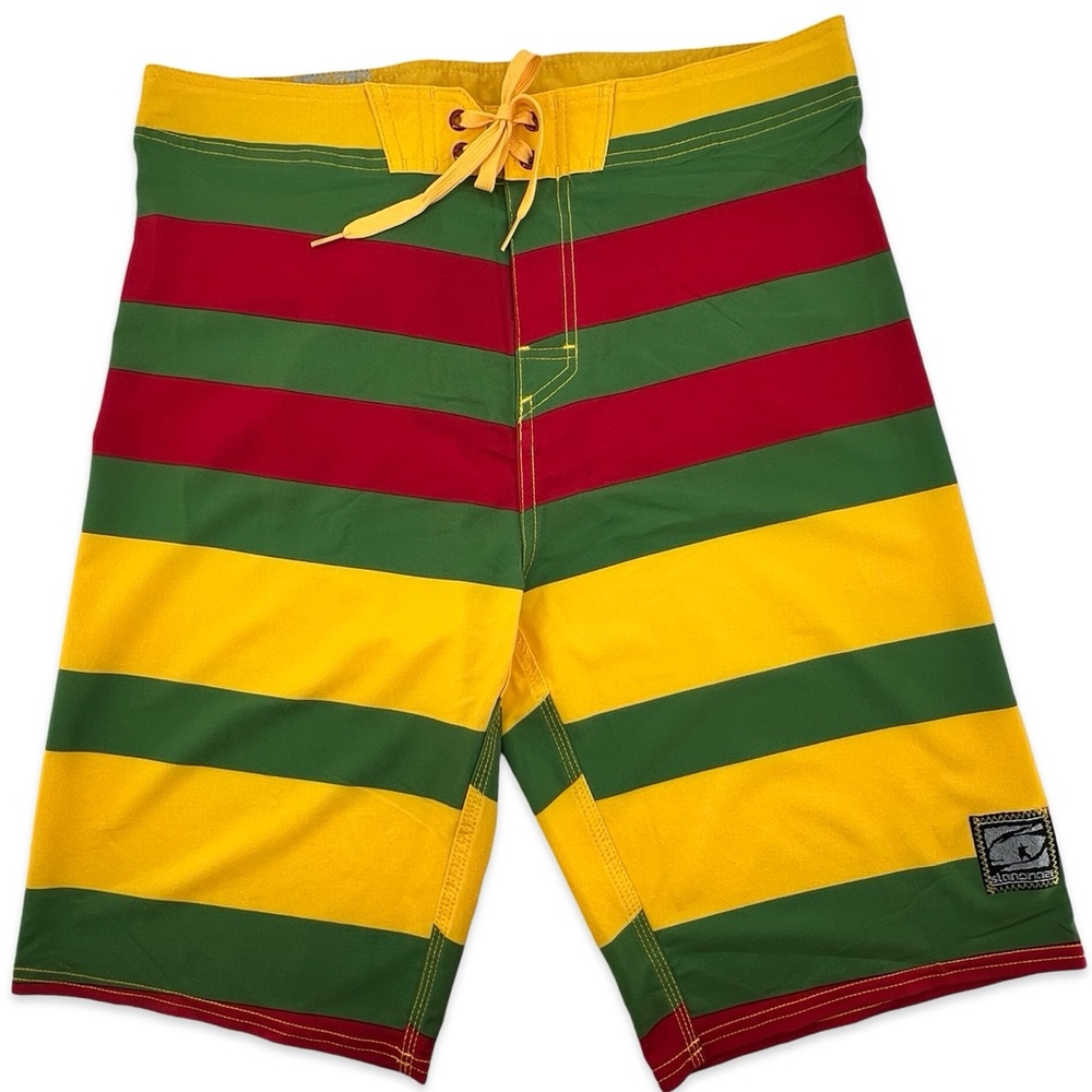 ISLANDHAZE - Men’s Board Shorts - Yellow, Green & Red Stripes - Size Large